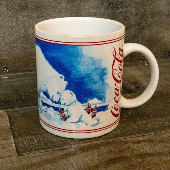 VINTAGE COCA COLA 1996 POLAR BEAR PUSH COFFEE MUG RETRO CUP GRAPHIC TEA CERAMIC - Picture 1 of 6